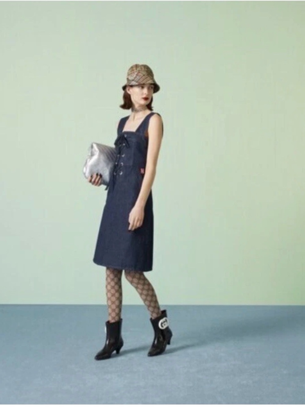 Gucci denim Square-Neck Lace-Up Dress